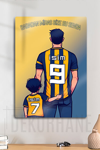 DekorHane Metal Baskı - Kişiye Özel Taraftar Tablosu, Sarı Lacivert Baba Oğul...