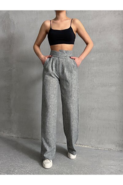 Lusin Women's Gray Stylish Design Double Button Detailed Pleated Palazzo Linen Trousers