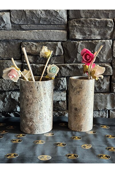 Polen Stone Set de vaze duble din travertin argintiu
