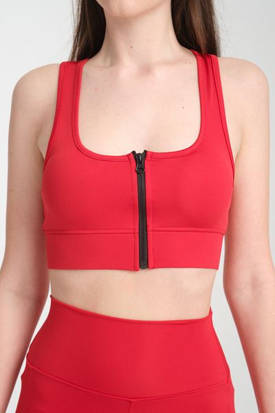 ZERTEX Women's Red Color Padded Supporting Recovery Zippered Crop Sports Singlet