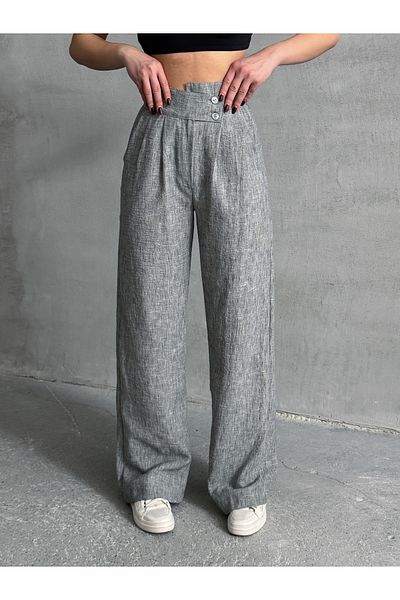 Lusin Women's Gray Stylish Design Double Button Detailed Pleated Palazzo Linen Trousers