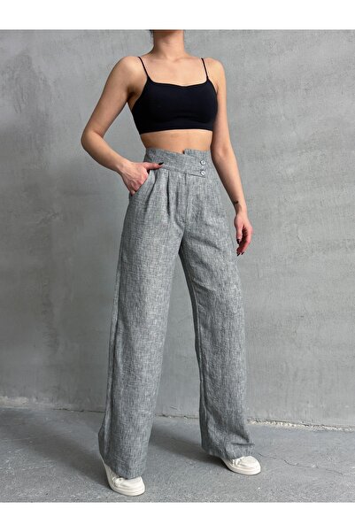 Lusin Women's Gray Stylish Design Double Button Detailed Pleated Palazzo Linen Trousers