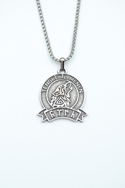 Bu Farklı Tengri Biz Menen Göktürkçe Gümüş Kaplama Örme Zincir Kolye
