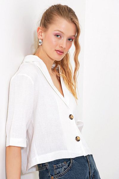 modaserdem White Double Button Oversize Crop Linen Jacket 0706