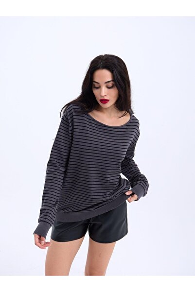 SGM BUTİK 4215 Knitwear Striped Sanding Sweater-Anthracite-Black