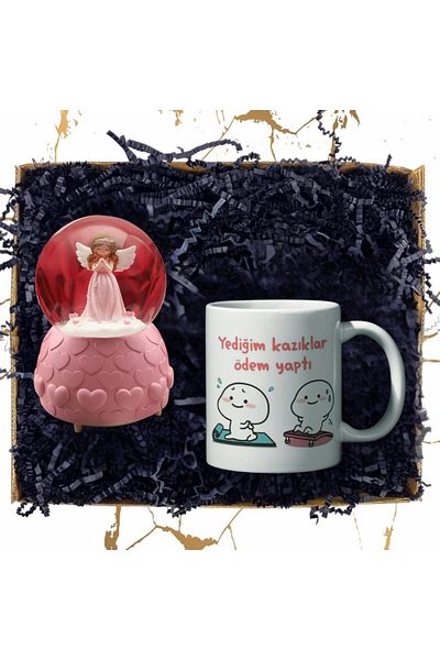 rk tasarım Pink Mini Fairy Lighted Snow Globe & Fun Special Design Printed Mug Cup