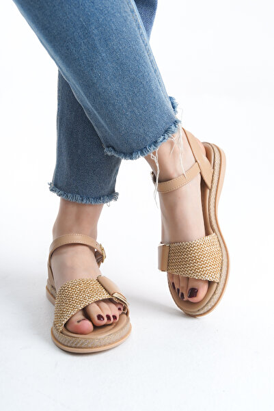 Limeo Straw Striped Gold Buckle Comfortable Low Flat Sole Summer Women's Beige Sandals Slippers