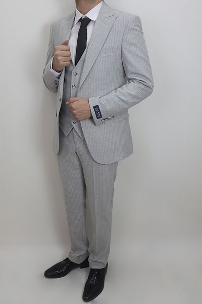 MODA MEN Fistan Store Men's Light Gray Striped Italian Cut Slim Fit Single Button Vest Suit