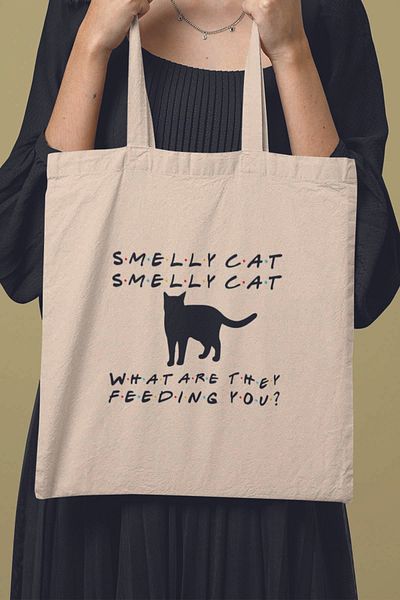 qoeuyl boutique حقيبة Smelly Cats Phoebe Buffay Friends مطبوعة من القماش الخام القطني بنسبة 100% باللون البيج