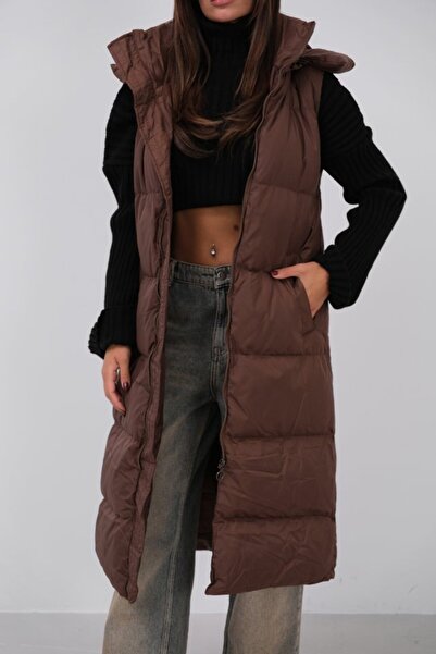 novafems Hooded Puffer Maxi Vest - Dark Brown - m