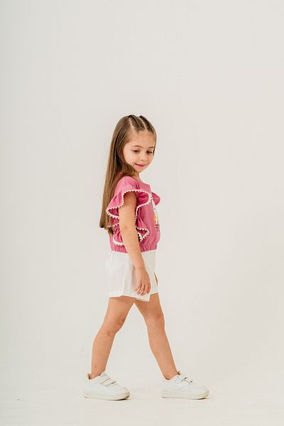 Pasur Bebe White Linen Shorts - Girl's Single Jersey Crop Suit with Lace Sleeves