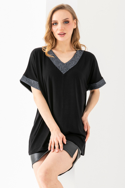 EtkiModa Γυναικεία μαύρη ασημί γκλίτερ λεπτομερής βισκόζη χτενισμένη βαμβακερ...