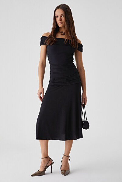 ETHIQUET MONSSUA Γυναικείο κανονικό μαύρο φόρεμα με κανονικό ανοιχτό ώμο