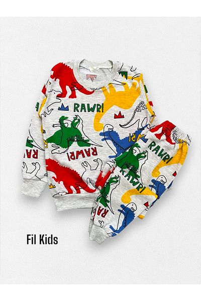 Fil Kids Boys' 100% Cotton Gray Dinosaurs Patterned Long Sleeve Seasonal Pajama Set