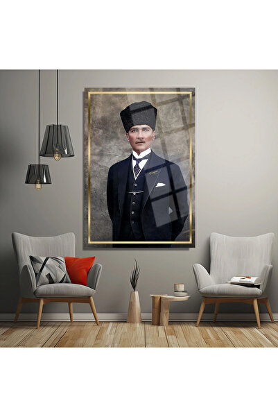 TAULART ATATÜRK GOLD DETAYLI ULTA YÜKSEK ÇÖZÜNÜRLÜKLÜ KIRILMAZ CAM TABO İŞ YERİ OFİS HEDİYESİ