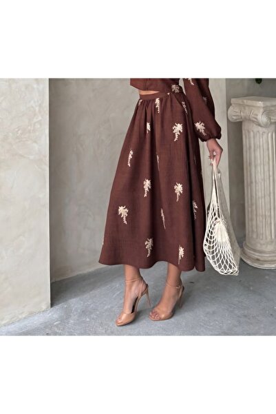 TOPSHOW Embroidery Patterned Long Linen Skirt