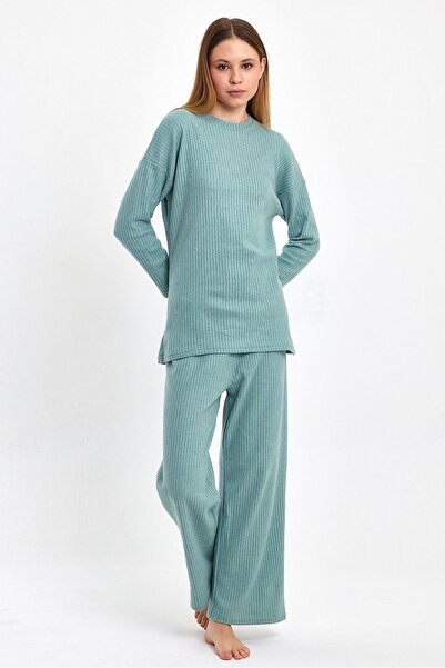 Oyga Γυναικείο Aqua Green Άνετο Oversize Mold Interlock Χοντρό χειμωνιάτικο ύφασμα Casual Σετ πιτζάμες για το σπίτι