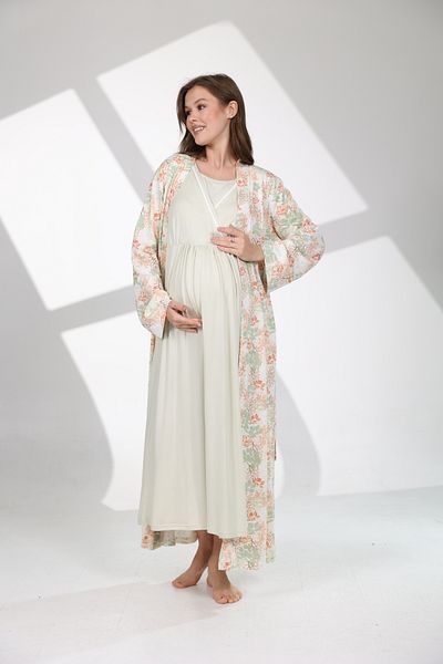 Lohussa Women's Water Green Patterned Special Design 100% Cotton Maternity Maternity Dressing Gown Nightgown Set