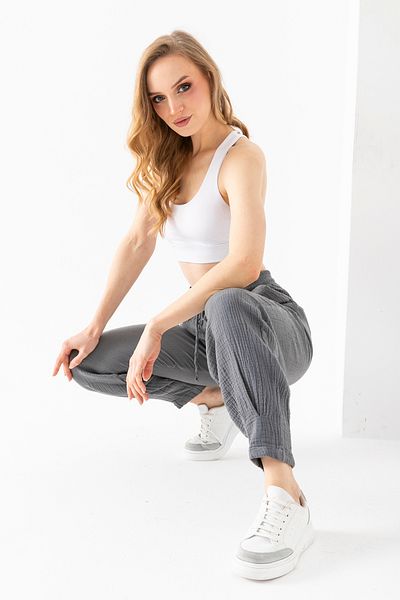 EtkiModa 100% Organic Cotton Women's Black Muslin Fabric Cuffed Authentic Baggy Trousers