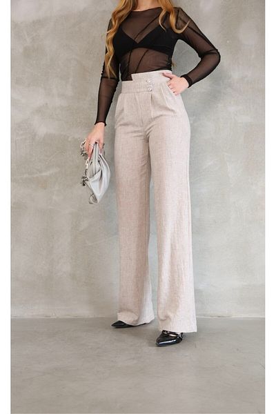 GALAVİP Women's New Year Cream Double Button Pleated Linen Fabric Palazzo Trousers