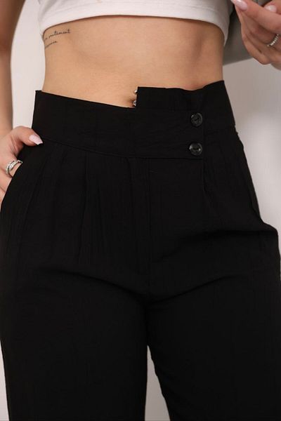 GALAVİP Women's New Year Black Double Button Pleated Linen Fabric Palazzo Trousers