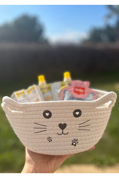 manifesto Kedi Desenli Bej Çok Amaçlı Düzenleyici Örgü Sepet 100% Pamuk