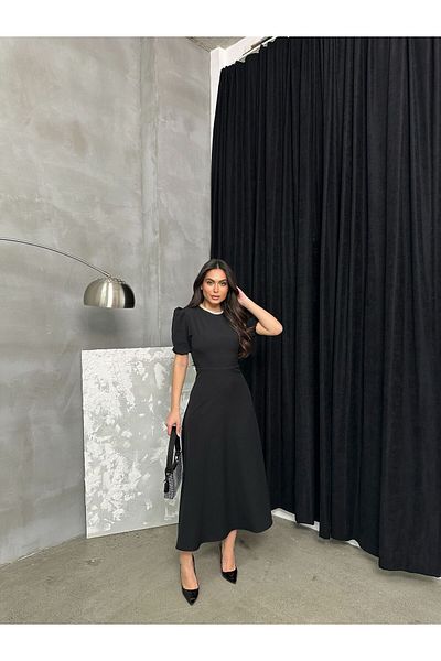 mafdress Γυναικείο βραδινό φόρεμα από ύφασμα κρεπ μαύρο καρπούζι μανίκι