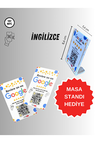 UygunKart İngilizce Google Yorum kartı - NFC ve Qr (Kare) Kodlu-Yorum Sayınızı Arttırır.