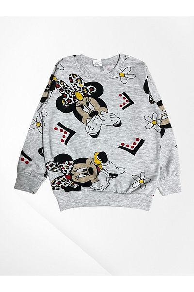 Fil Kids Girl's 100% Cotton Gray Mickey and Flower Daisy Patterned Long Sleeve Seasonal Pajama Set