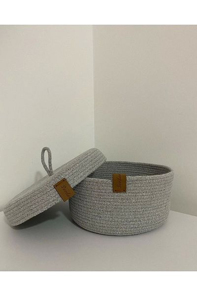 Sevdam Sepet Gray Small Size Multi-Purpose Basket with Lid, Decorative Basket, Cotton Rope, Cord Rope