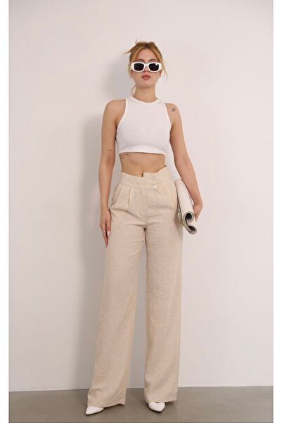 GALAVİP Women's New Year Beige Double Button Pleated Linen Fabric Palazzo Trousers