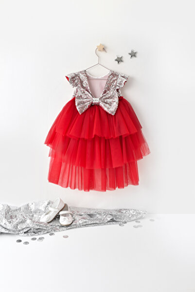 Mini Chics Kız Bebek Kısa Kol Kuyruklu Payetli Elbise