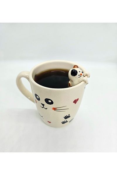 Soli Seramik Handmade Ceramic Mug, Ceramic Mug with Cat Figure, Gift Mug, Cat Mug, White Color Mug