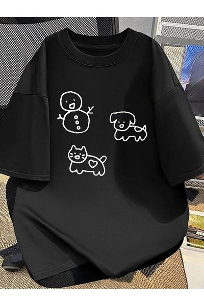 AMMA Unisex Snowman Dog Cat Drawing Printed Oversize 100% Cotton T-Shirt