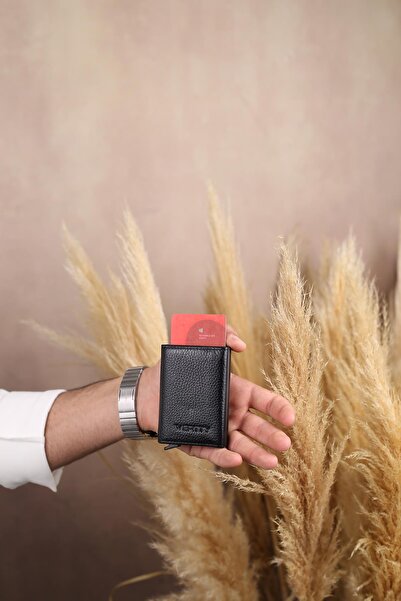 Walkenzo 5540 Portofel pentru carduri mecanic pentru bărbați din piele naturală