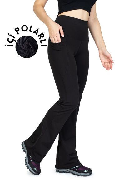 The Step Sports İspanyol Paça Siyah Kışlık Içi Polarlı Cepli Yüksek Bel Toparlayıcı Termal Tayt