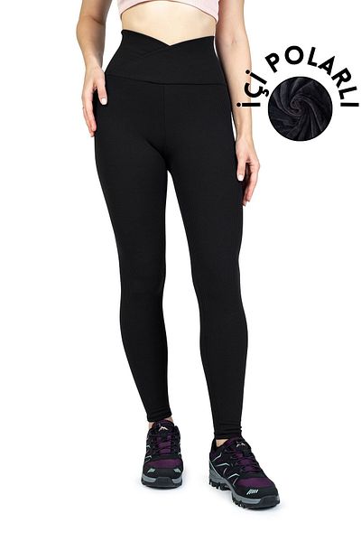 The Step Sports Jambiere termice de iarnă cu nervuri negre cu talie încrucișată