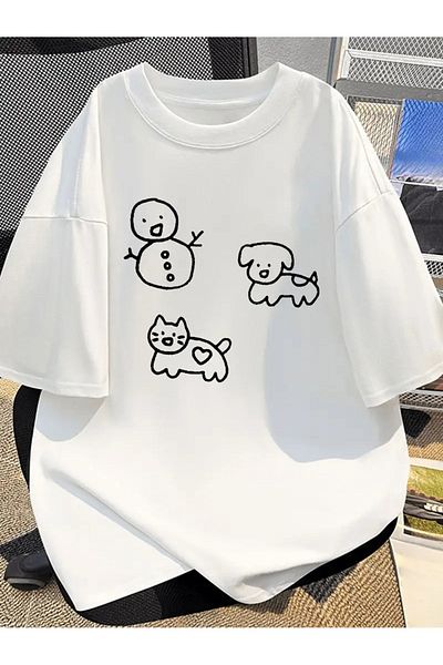 AMMA Unisex Snowman Dog Cat Drawing Printed Oversize 100% Cotton T-Shirt