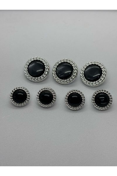 BEİLYS COSMETİCS & ACCESSORY Black Mother of Pearl Button with Silver Crimping Frame 3 Big 4 Small Set Button (Bd08)