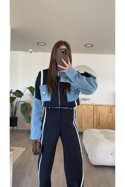 JaMolls Pinterest Equivalent Design Denim Jacket with Palazzo Pants and Head Blended Bomber Jacket