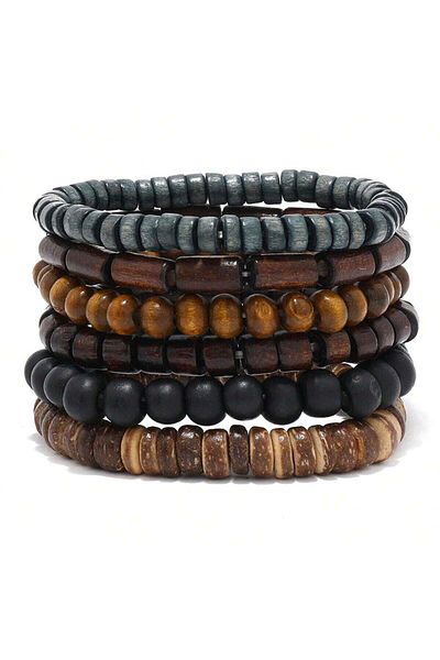 Choice 6pcs 6PCS  Wodeen Braided Wrap Leather Bracelet for Men Vintage Life Wood Beads Fashion Male Armband