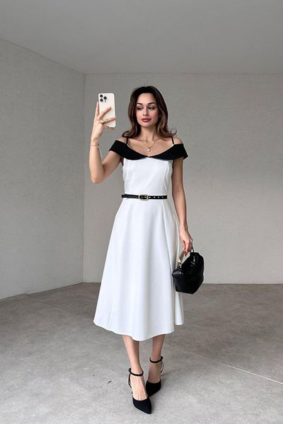 ALFUDO Moda Collection Double Color Midi Belted Dress