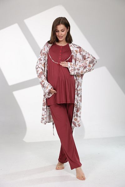 Lohussa Women's Burgundy Patterned Design 100% Cotton Maternity Maternity Dressing Gown Pajama Set Set