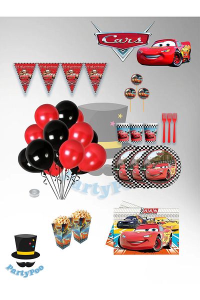 PartyPoo Cars Cars Themed 8-Person Midi Birthday Set |   Party Supplies and Decorations