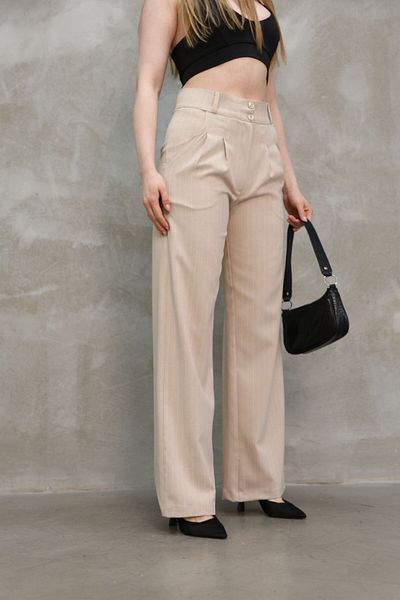 GALAVİP Women's New Year Cream Double Button Striped Pleated Woolen Cotton Fabric Palazzo Trousers