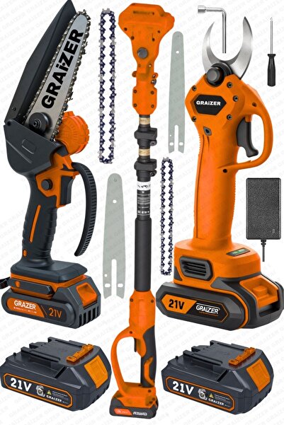 Graizer Teleskopik Set 4 Akülü Şarjlı Ağaç Dal Kesme Budama Makası Testere Teleskop Hediyeli 5 Pilli Akü