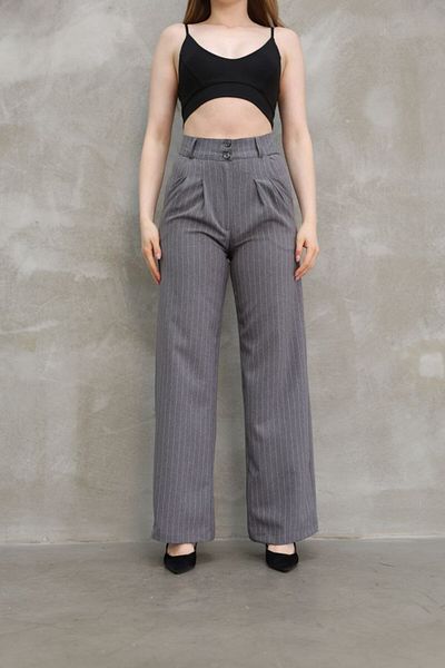 GALAVİP Women's New Year Dark Gray Double Button Striped Pleated Linen Cotton Fabric Palazzo Trousers