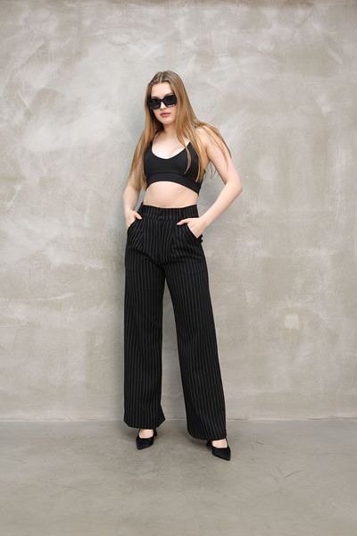 GALAVİP Women's New Year Black Double Button Striped Pleated Taffeta Cotton Fabric Palazzo Pants