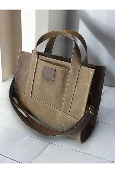 Nuggita Kadın Totebag Vizon Rengi Mumlu Kanvas Çanta - Orijinal Boy