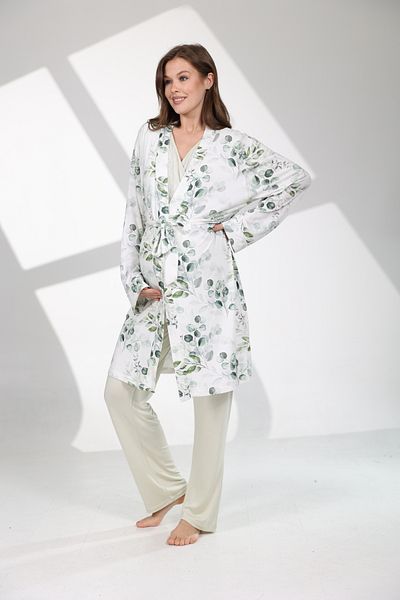 Lohussa Women's Water Green Patterned Lace Design 100% Cotton Maternity Maternity Dressing Gown Pajama Set Set
